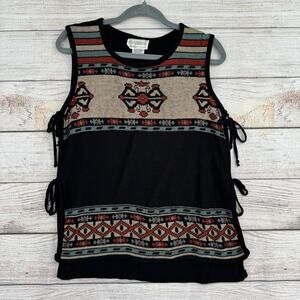 Vintage 70s Monarch Knits Southwest Print Tie Side Sweater Vest Womens S Black